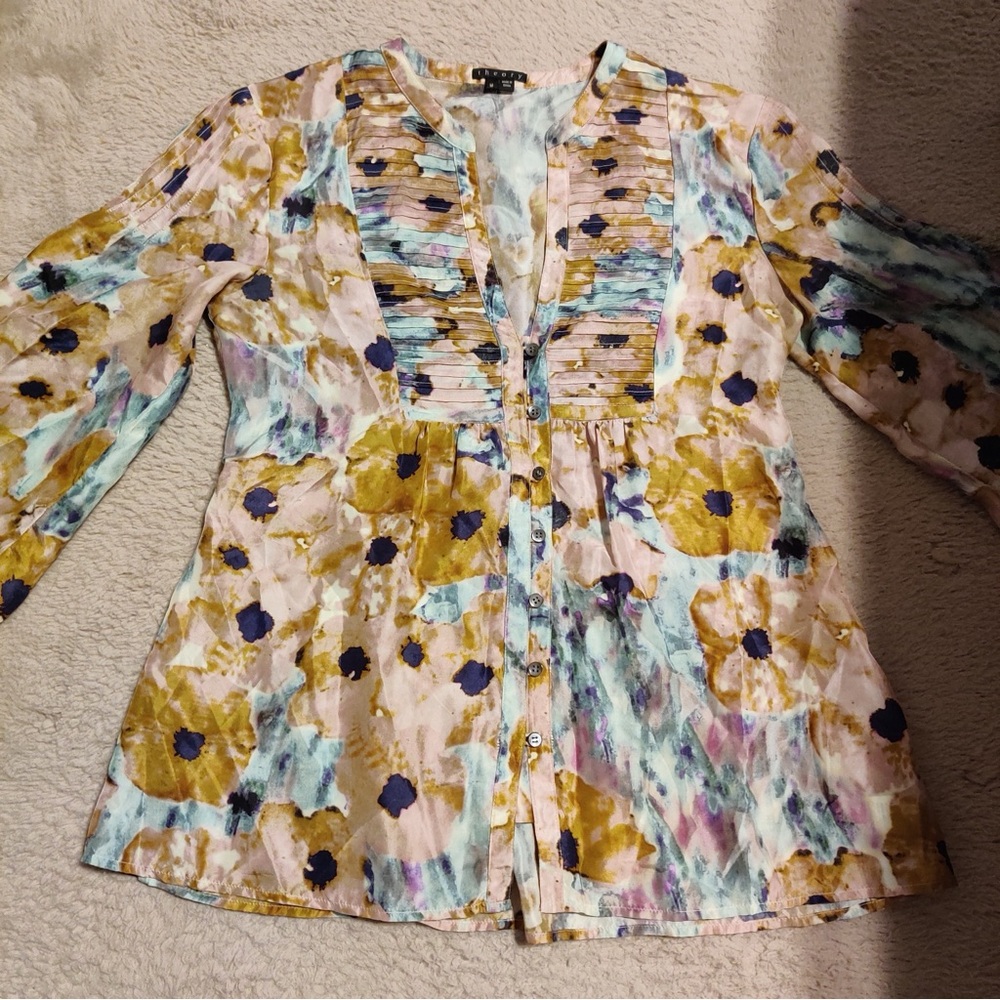 Theory Briallen Marble Flower Floral Blouse 100%  Silk Sz M Moonstone Watercolor
